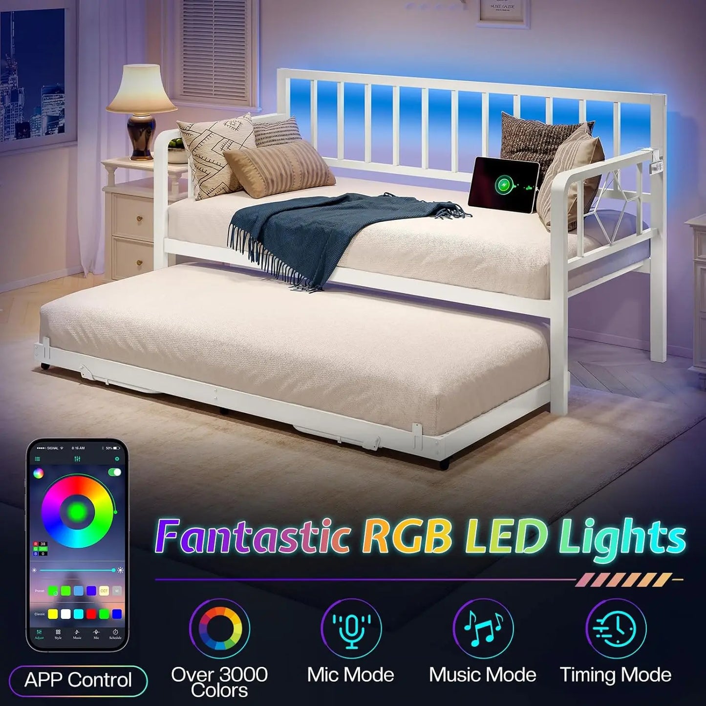 BIANXIANG Metal Daybed With Charging Station And LED Lights