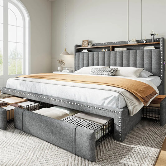 King Size Bed Frame Fabric Upholstered with 4 Drawers Rivet Decor Storage Headboard Wooden Slats 900LBS Customizable Bed