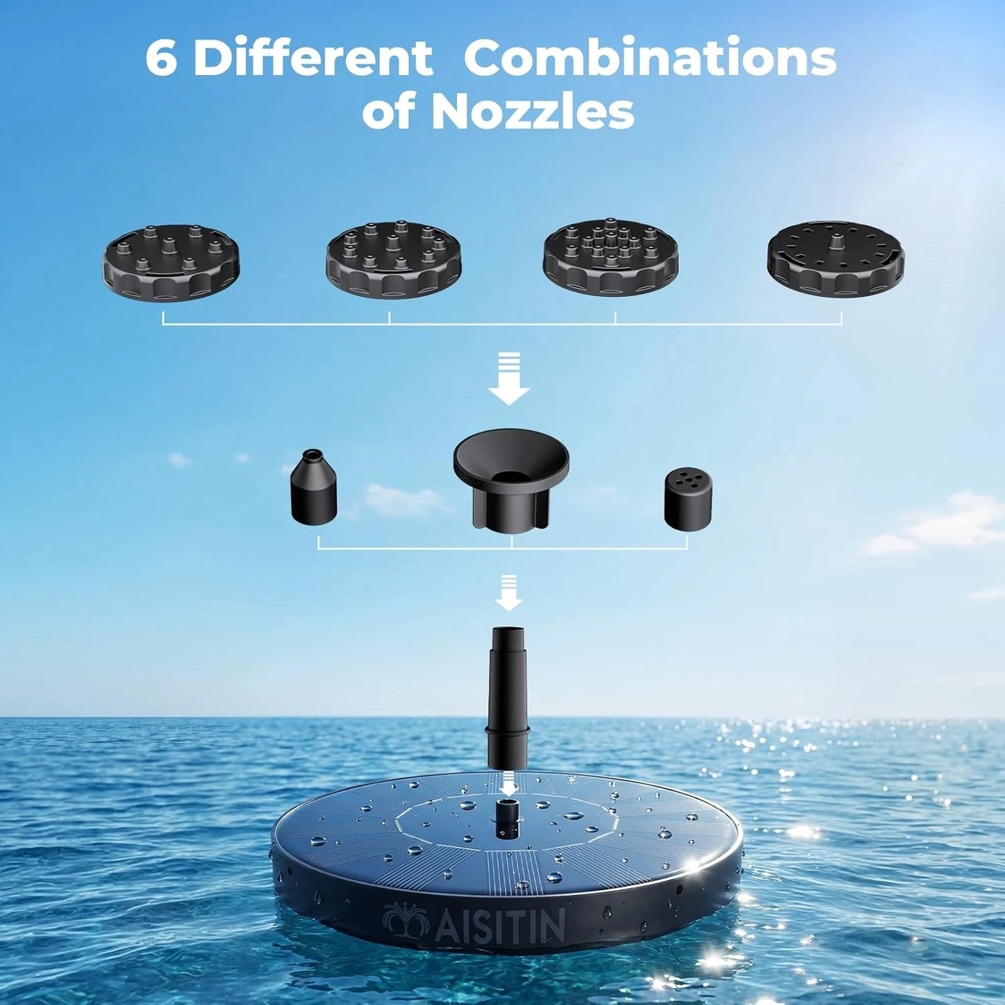 Solar Fountain 4 Crash Bars 6 Nozzles Floating Water Feature