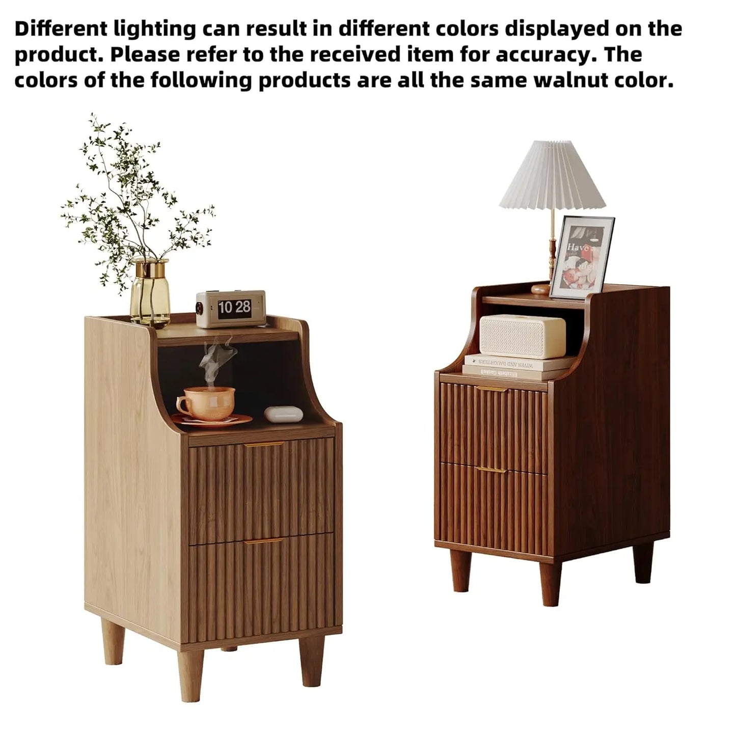 Narrow Nightstand Set of 2,11.8" Fluted Bedside Table Set of 2, Slim Side End Table with 2 Drawers, Wooden Bedside, Customized