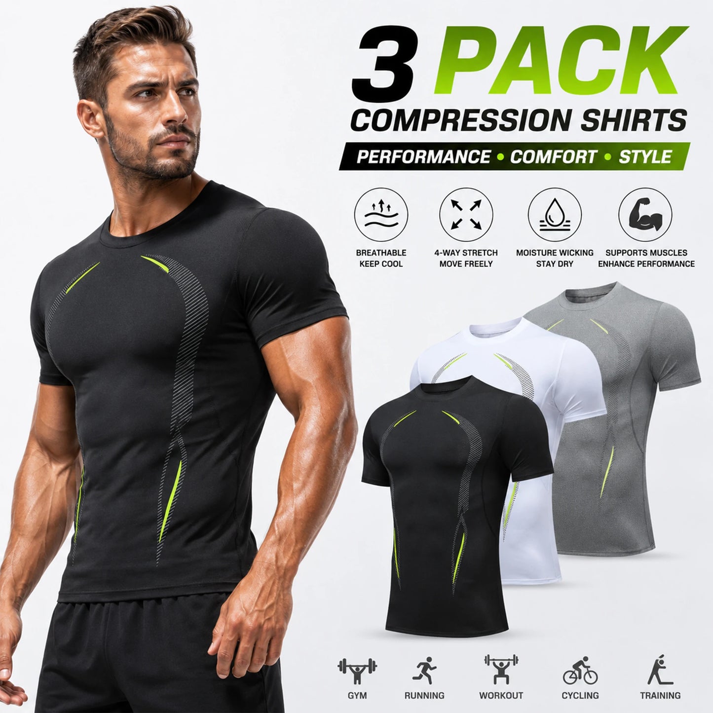 Men's Compression Shirts 3 Pack Short Sleeve Baselayer Moisture Wicking