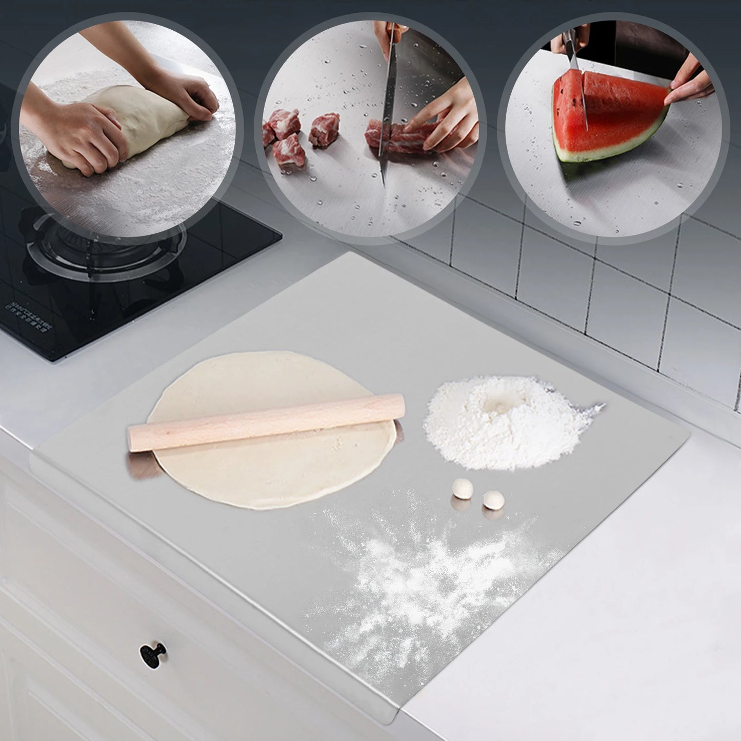 60x50cm Stainless Steel Chopping Board with L-Shaped Folded Edge for Cutting Veggies, Kneading Dough, Kitchen Counter Protection