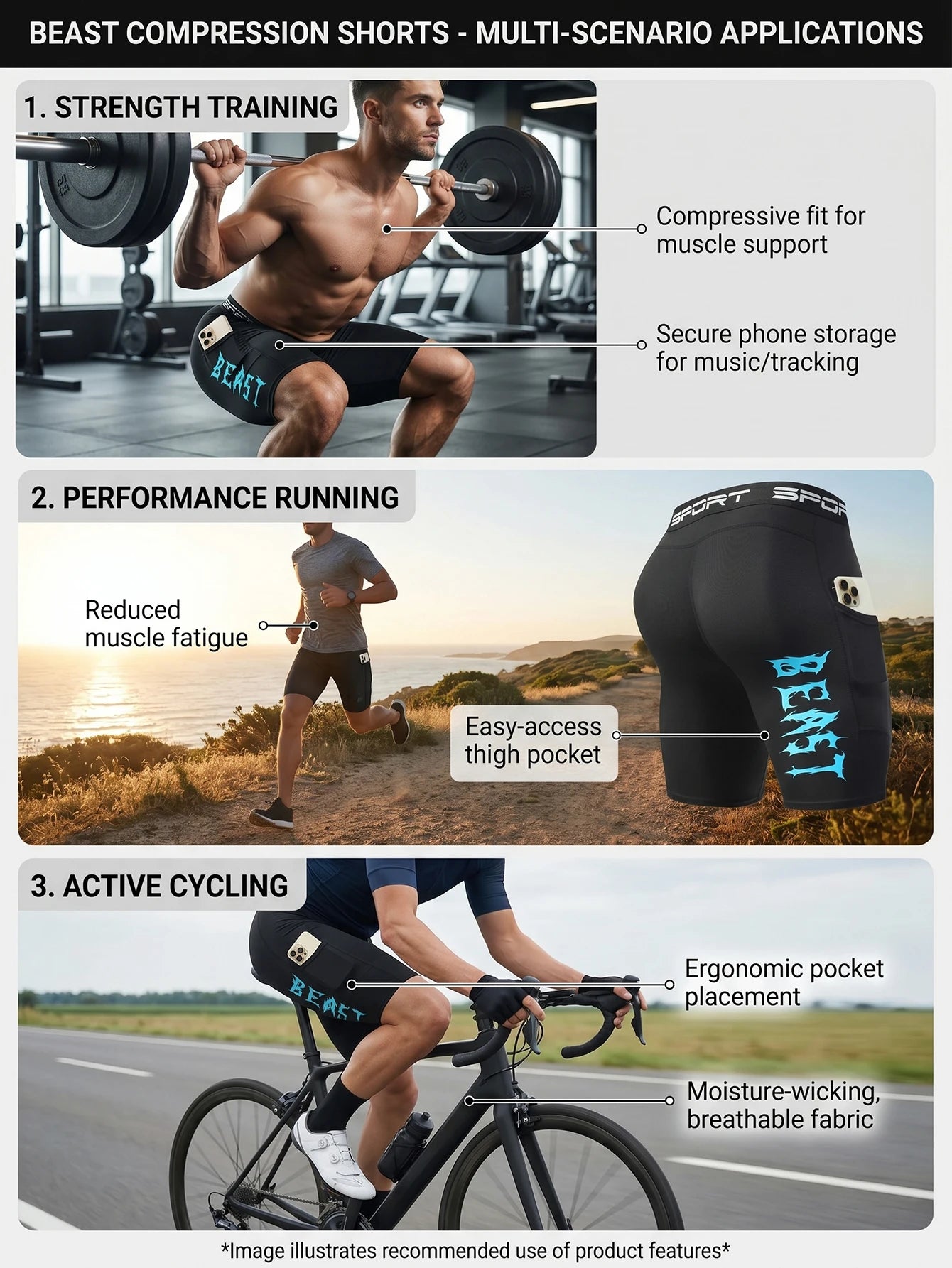 6-Pack Men's Sports Compression Shorts With Phone Pocket