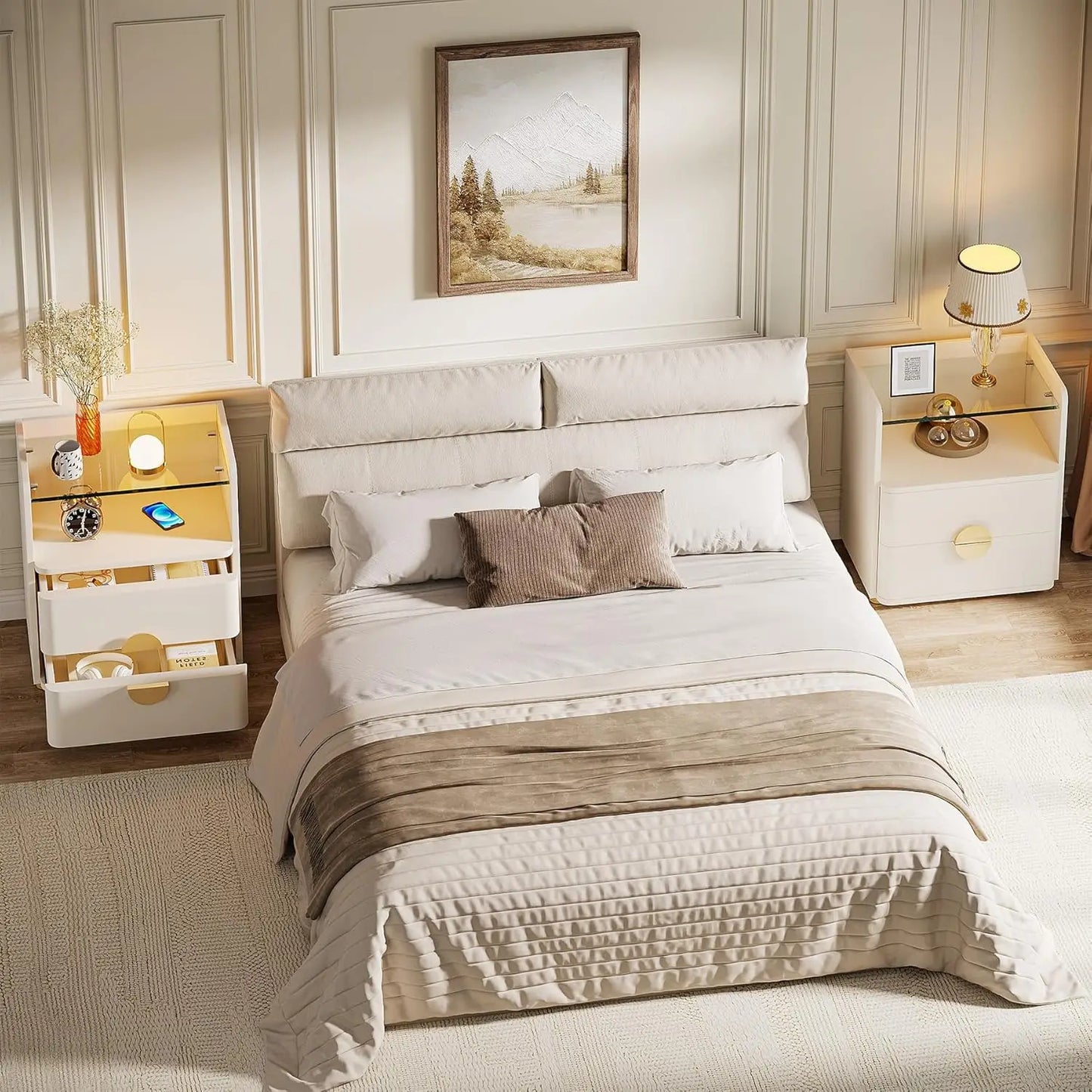Nightstand with 2 Drawers, Modern Nightstand with Open Storage Shelf, White Bed Side Table for Bedroom, Living Room
