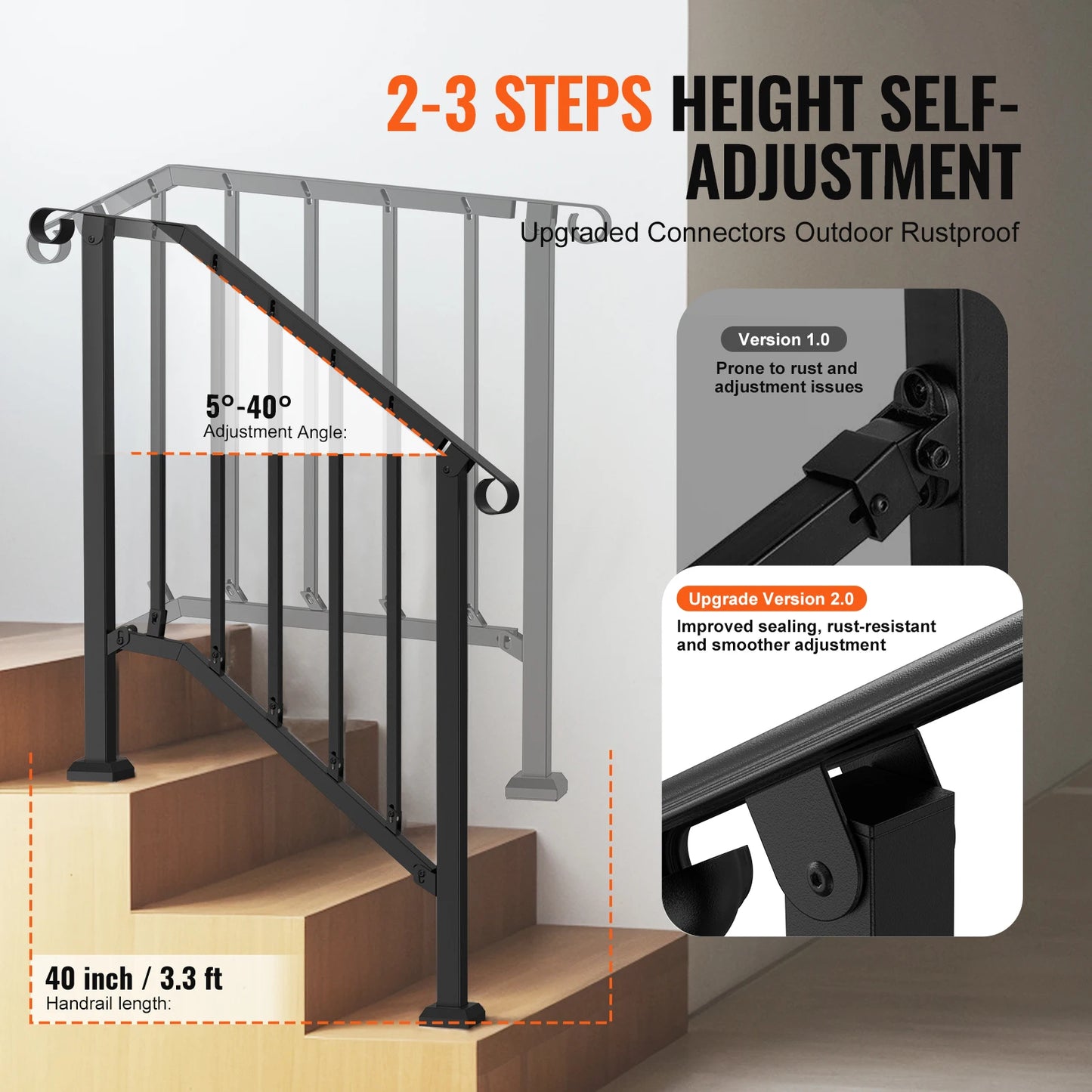 Adjustable Carbon Steel Outdoor Stair Handrail With Installation Kit