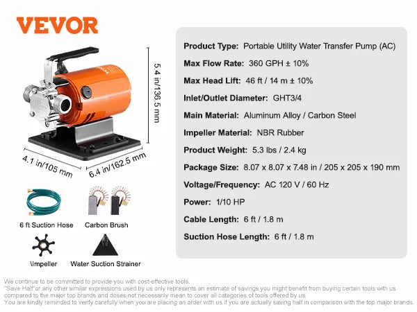 Succebuy Portable Electric Water Transfer Pump 360 Gph 120V