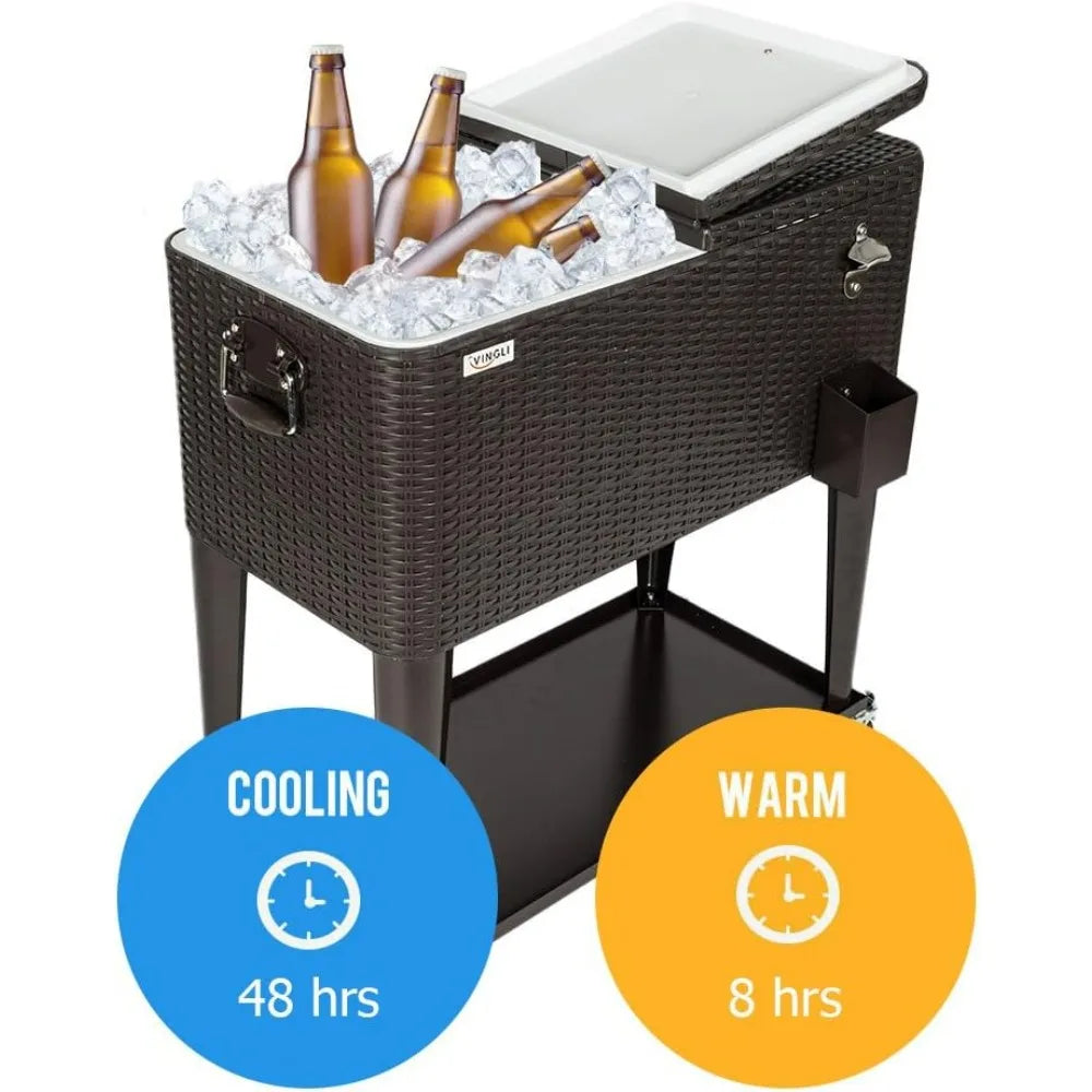 VINGLI 80 Quart Rolling Ice Chest Portable Patio Party Bar Drink Cooler Cart, with Shelf, Beverage Pool with Bottle Opener Brown