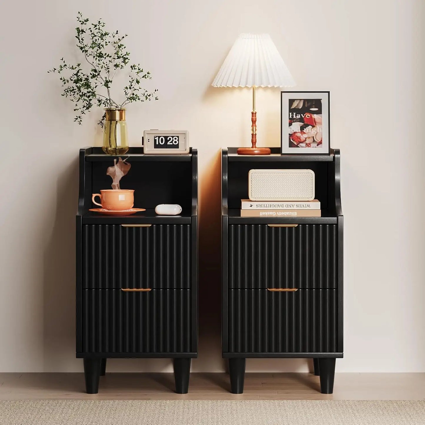 Narrow Nightstand Set of 2,11.8" Fluted Bedside Table Set of 2, Slim Side End Table with 2 Drawers, Wooden Bedside, Customized