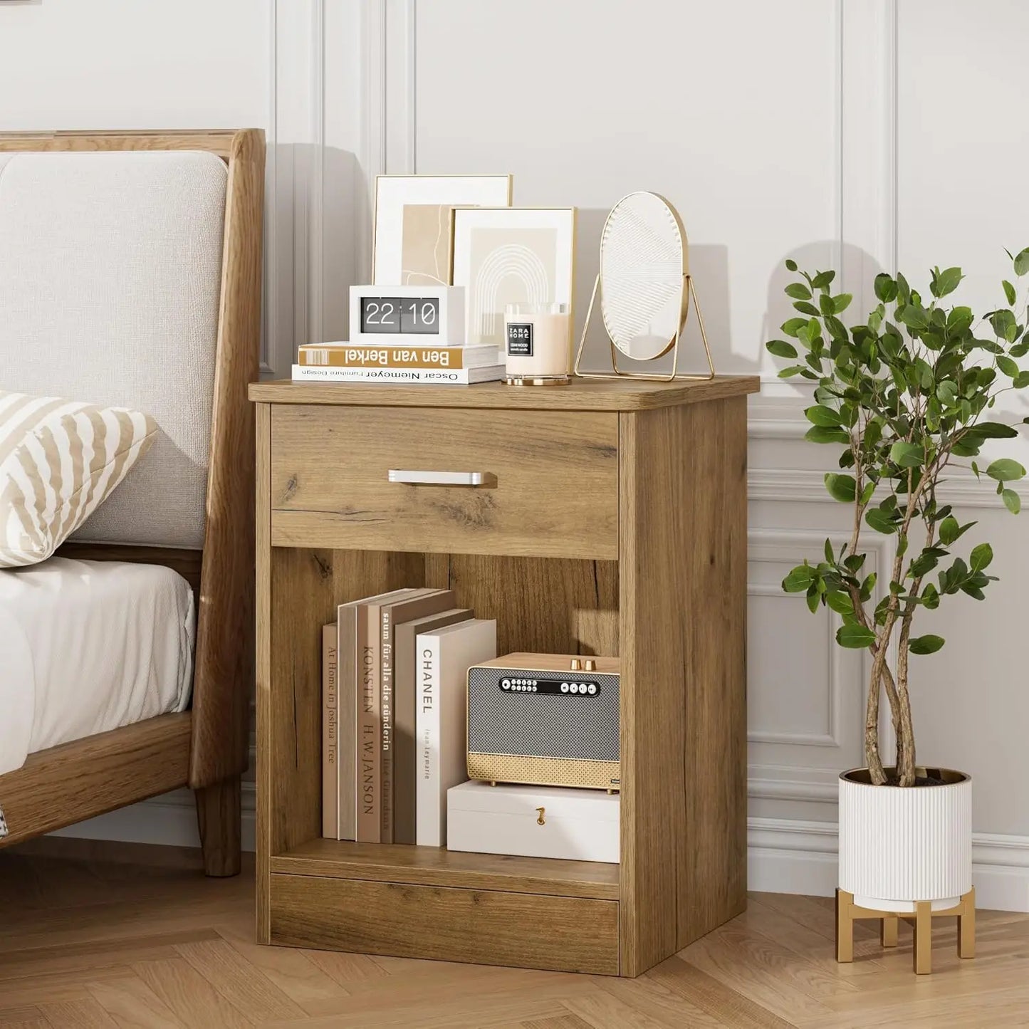 Wood Nightstand Set Of 2 With Drawer And Storage Shelf