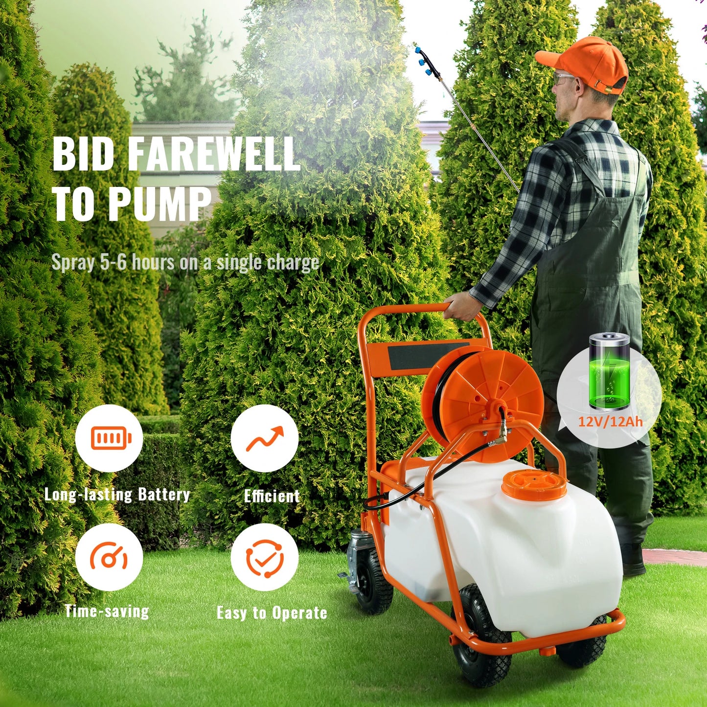 SucceBuy Battery Powered Garden Weed Sprayer With Wheeled Cart Hose