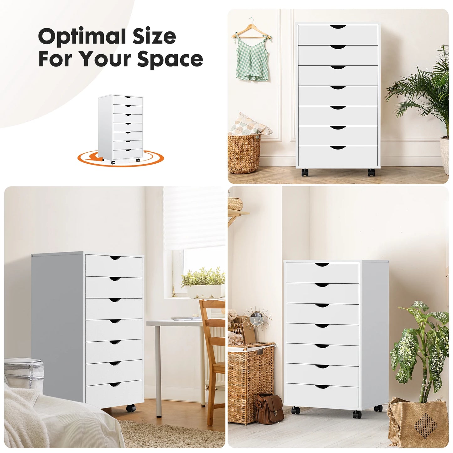 JHK 7 Drawer Chest Dressers Nightstand Storage Cabinet Wooden File Office Mobile Cabinet Wheels Living Room Organizer Rolling