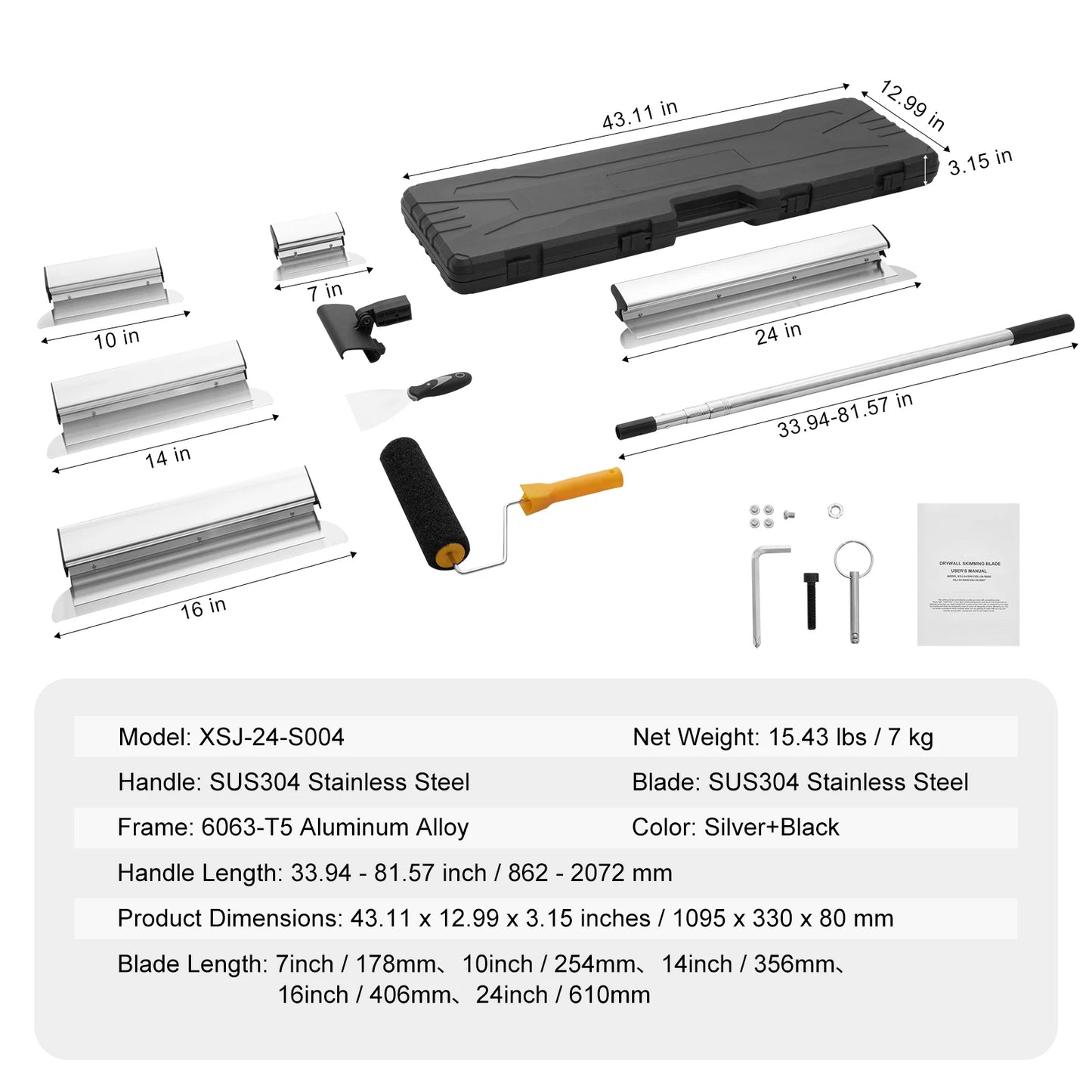 Drywall Skimming Blade Set Including Stainless Steel Extension Handle Pole