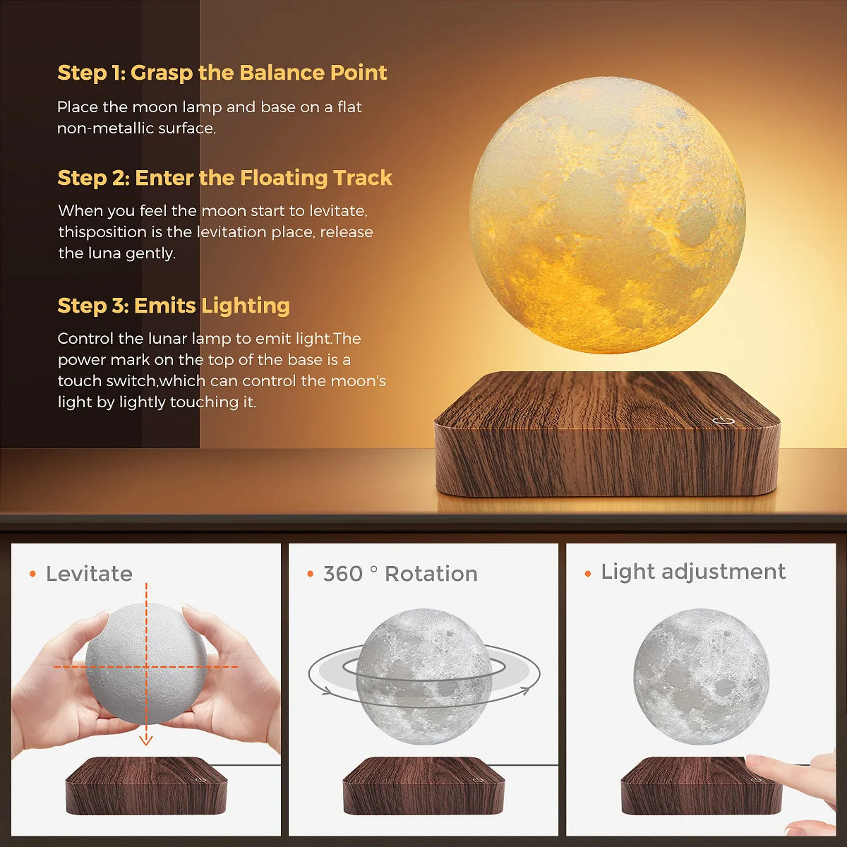 Mexllex Magnetic Moon Lamp With Wooden Base 3 Color LED