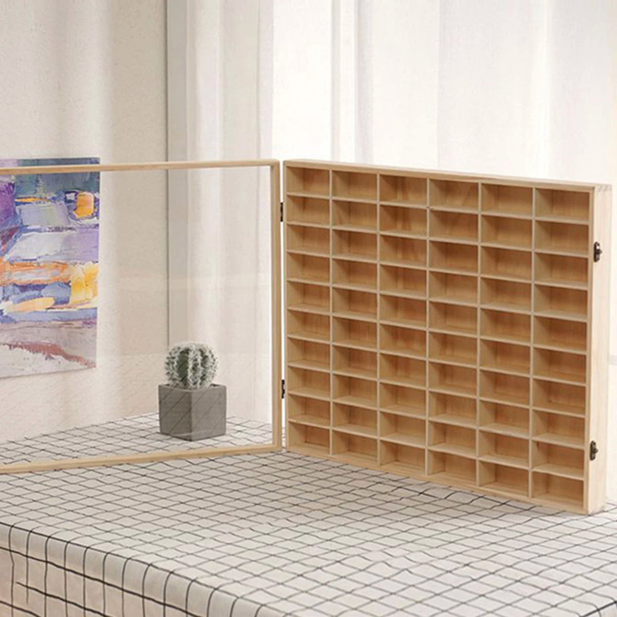 Wooden Car Model Display Cabinet 64 Grids Wall Mounted