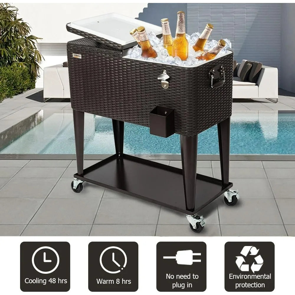 VINGLI 80 Quart Rolling Ice Chest Portable Patio Party Bar Drink Cooler Cart, with Shelf, Beverage Pool with Bottle Opener Brown
