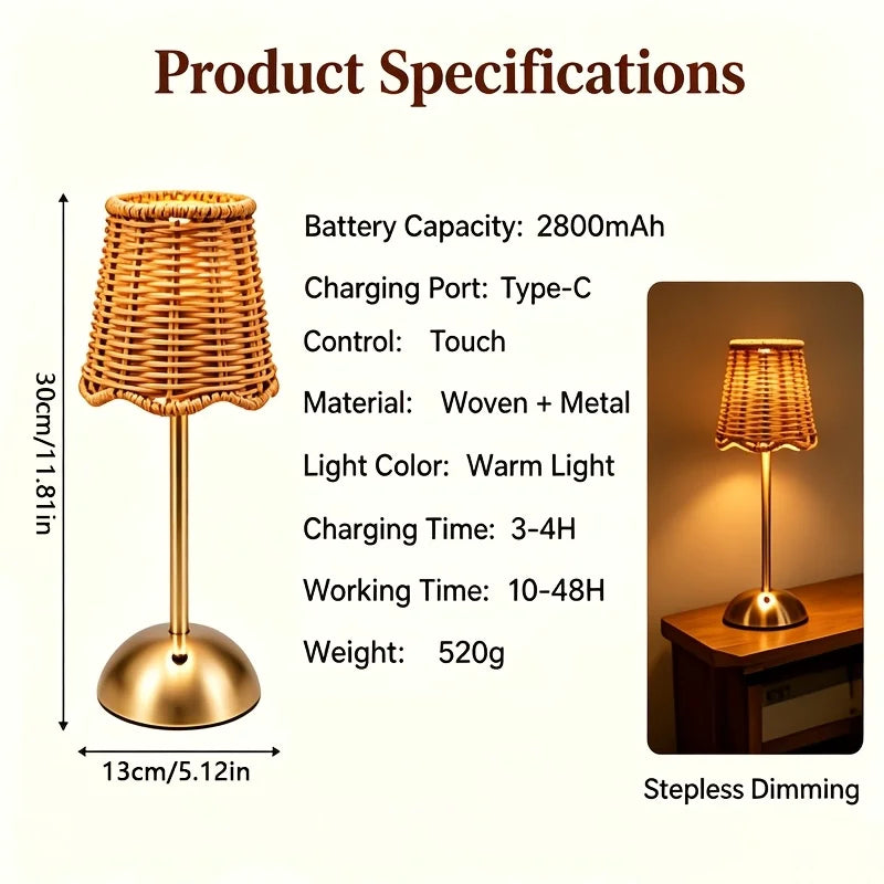 Bohemian Woven Rattan Table Lamp With Touch Dimming USB Power
