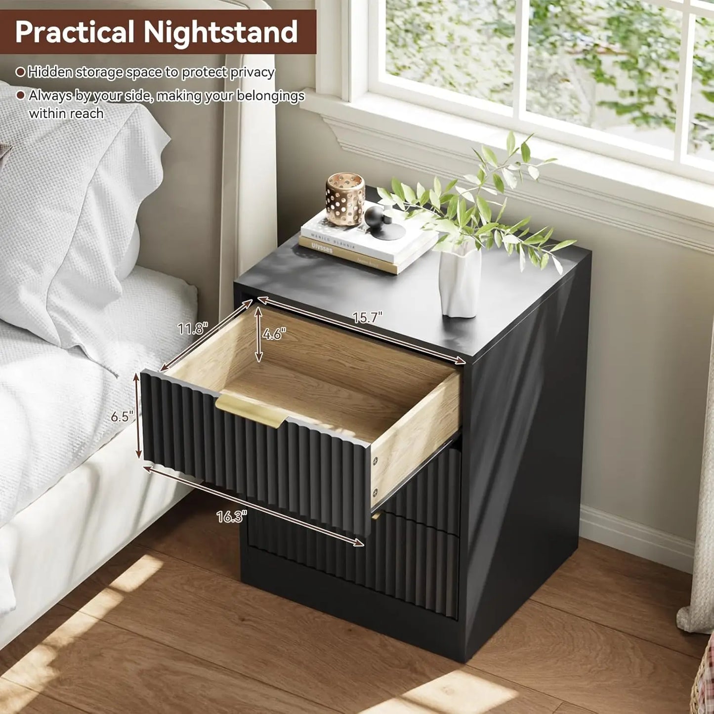Fluted Nightstands Set of 2 Modern Bedside Tables for Home
