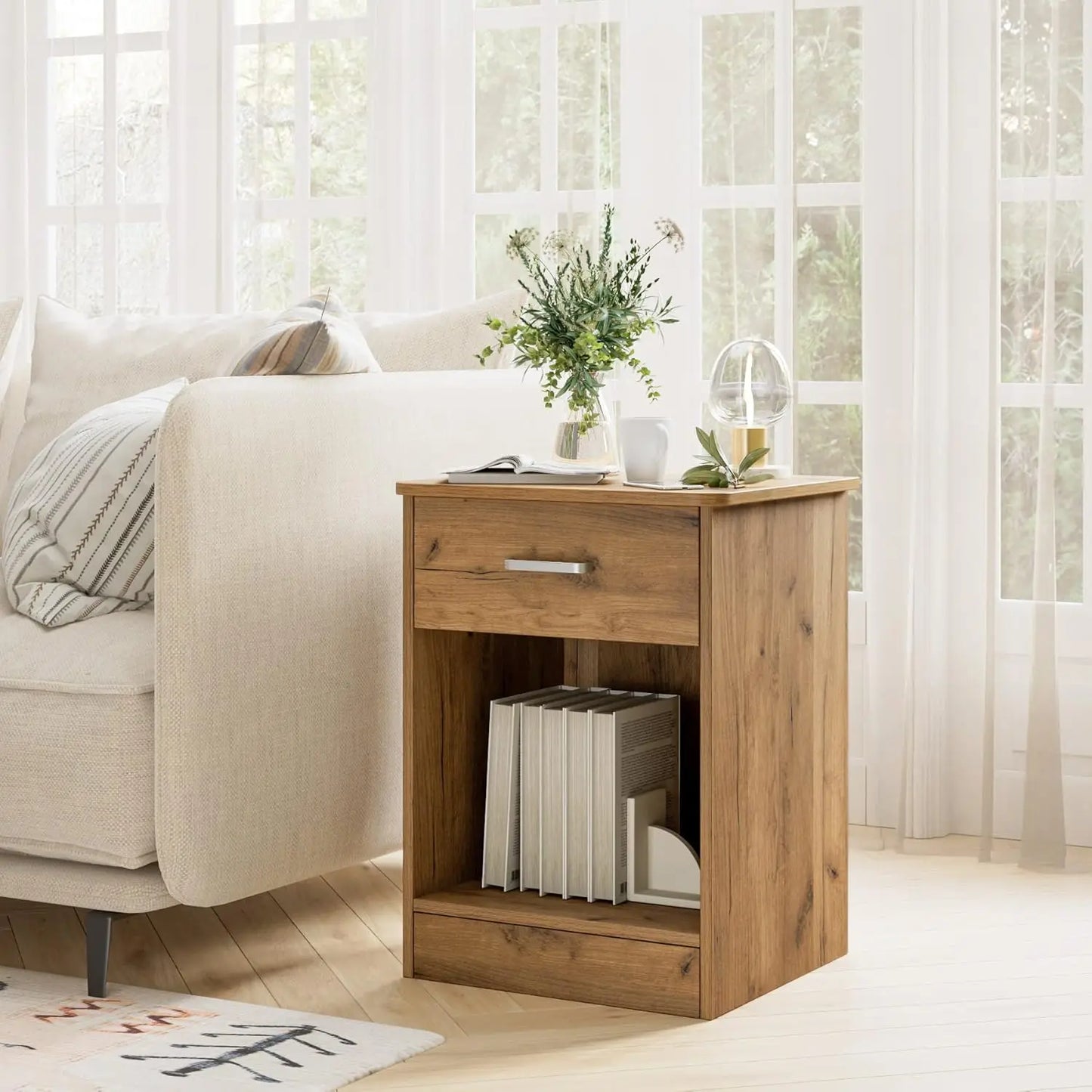 Wood Nightstand Set Of 2 With Drawer And Storage Shelf