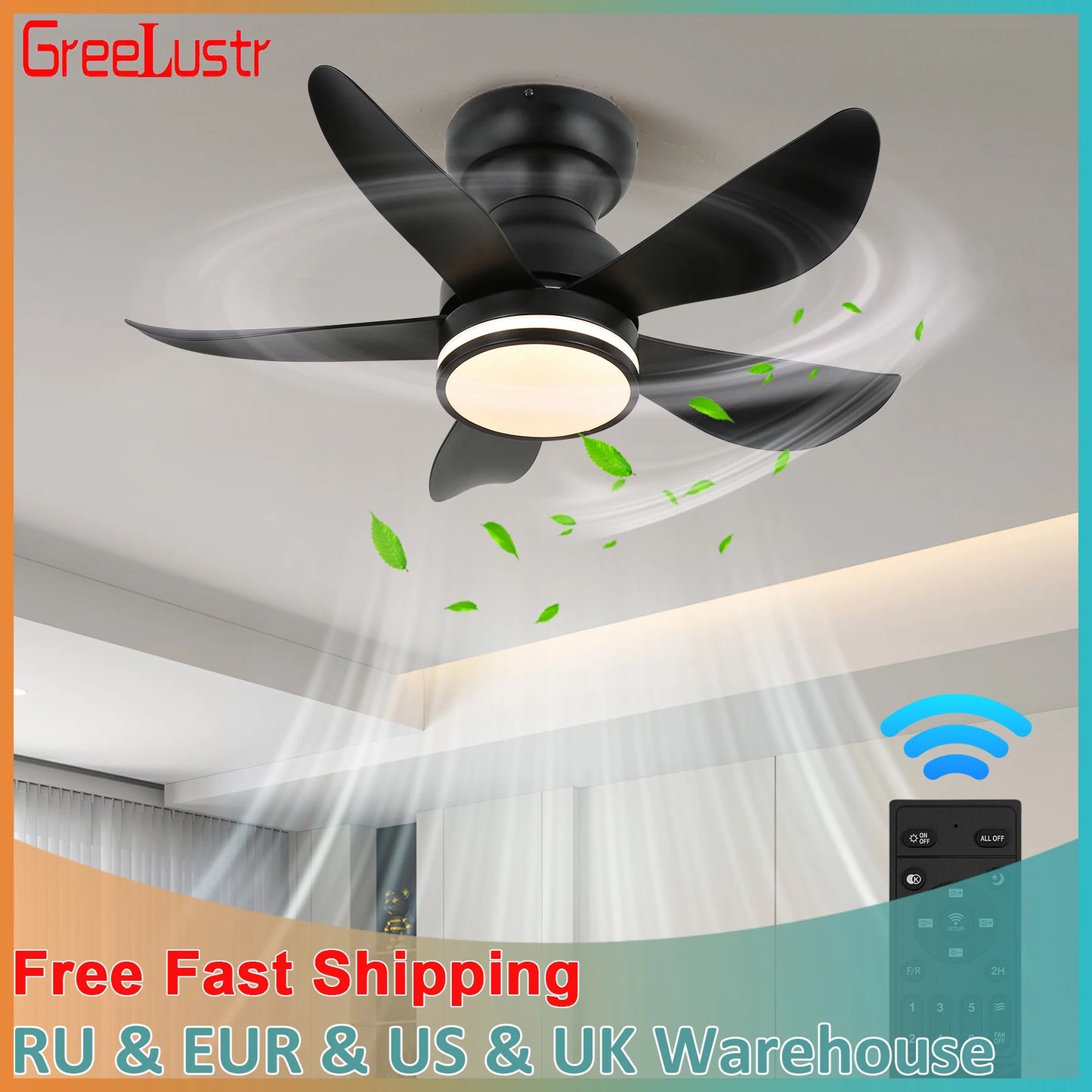 GreeLustr Ceiling Fan With LED Lamp RGB Dimming Chandelier Light