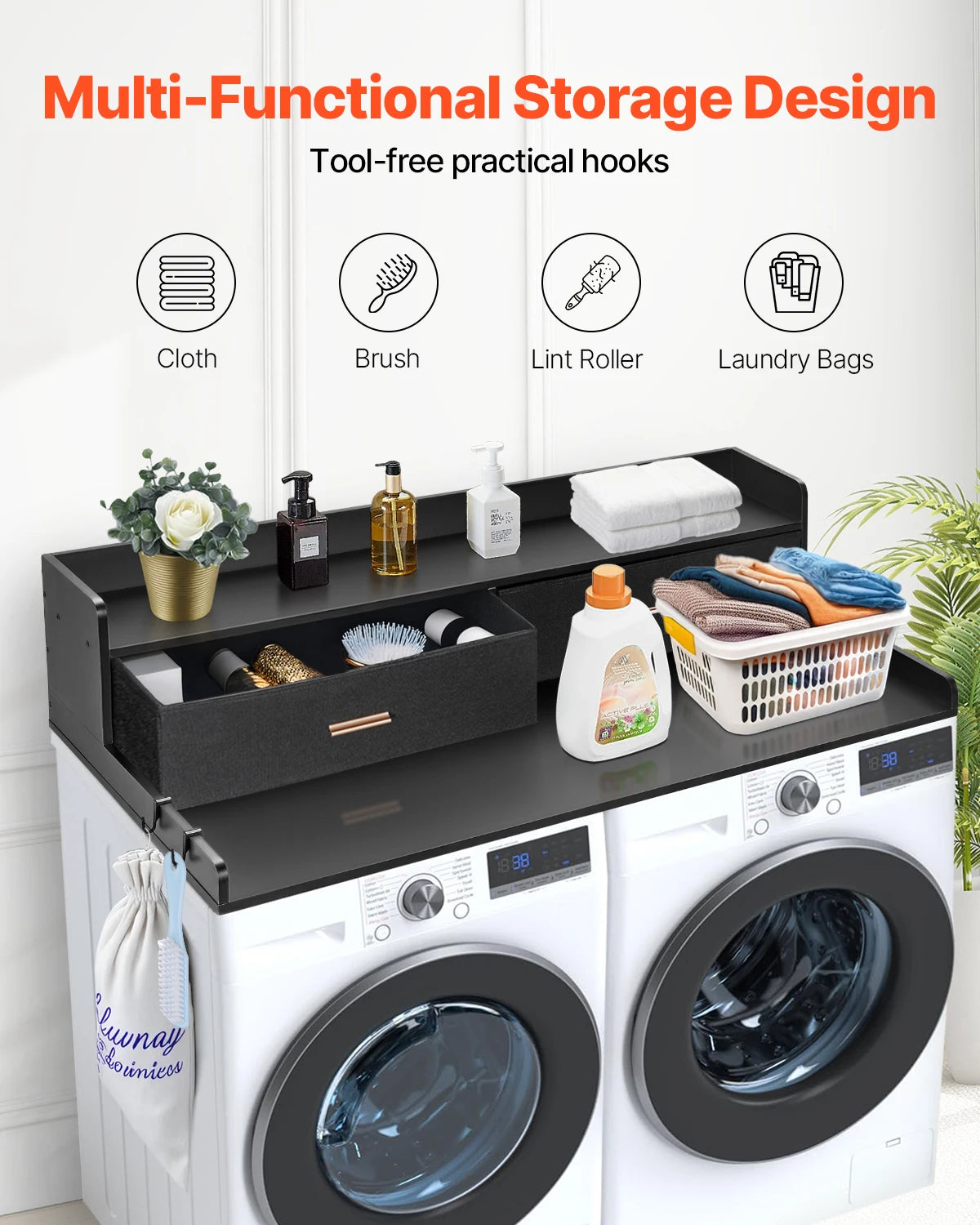 SucceBuy Wooden Washer Dryer Countertop With Drawer Shelf