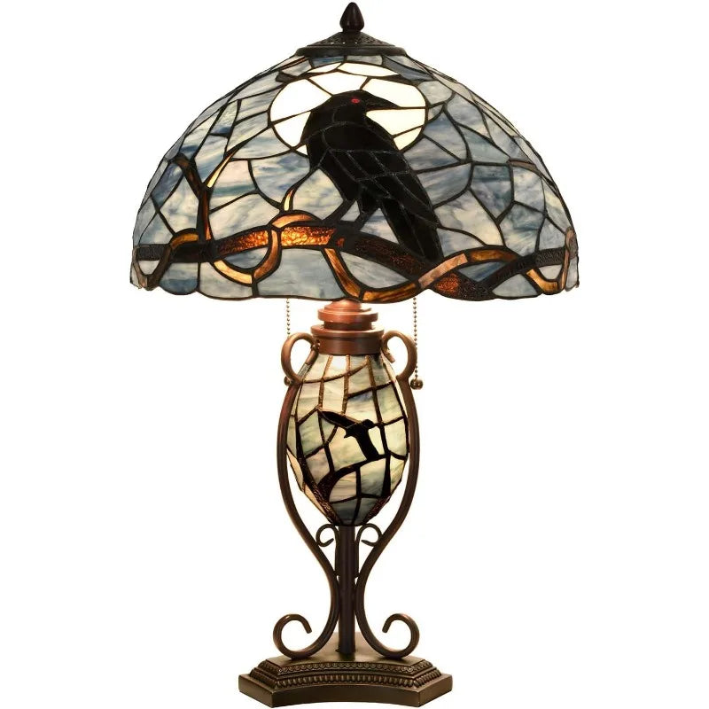 Tiffany Stained Glass Raven Perched On Tree Branch Table Lamp