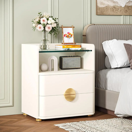 Nightstand with 2 Drawers, Modern Nightstand with Open Storage Shelf, White Bed Side Table for Bedroom, Living Room