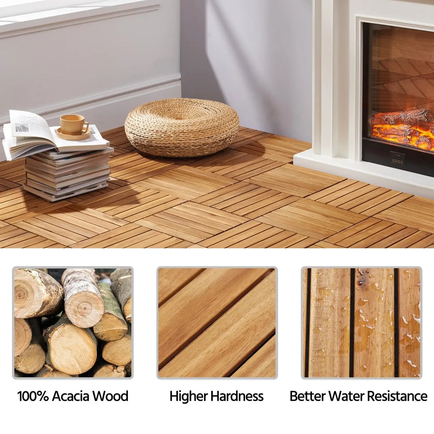 Acacia Wood Interlocking Flooring Tiles Waterproof For Outdoor Indoor Patio