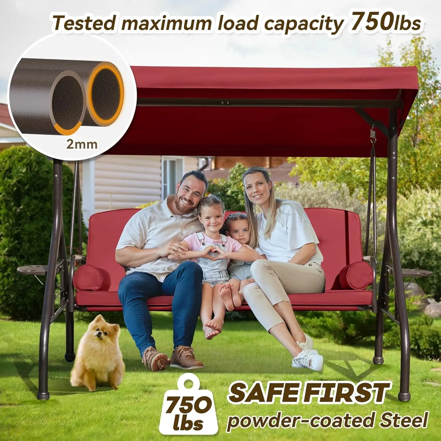 3-Seat Convertible Outdoor Swing with Adjustable Canopy Thickened Cushions Pillows Cup Holders for Patio Backyard Garden Custom