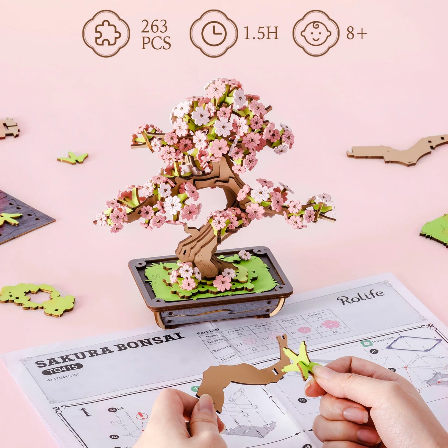 Rolife Sakura Bonsai 3D Wooden Puzzle Kit for Home Decor