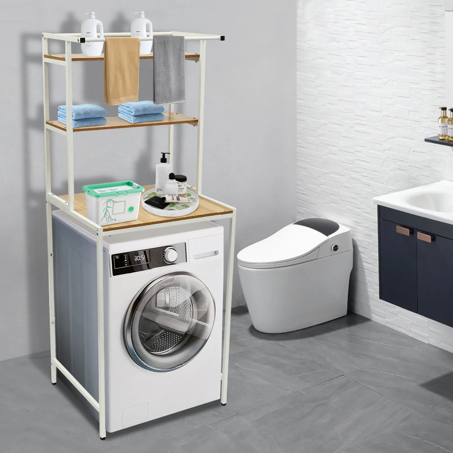 Multi-Tier Washer Dryer Storage Rack Hanging Rod Towel Organizer Shelf