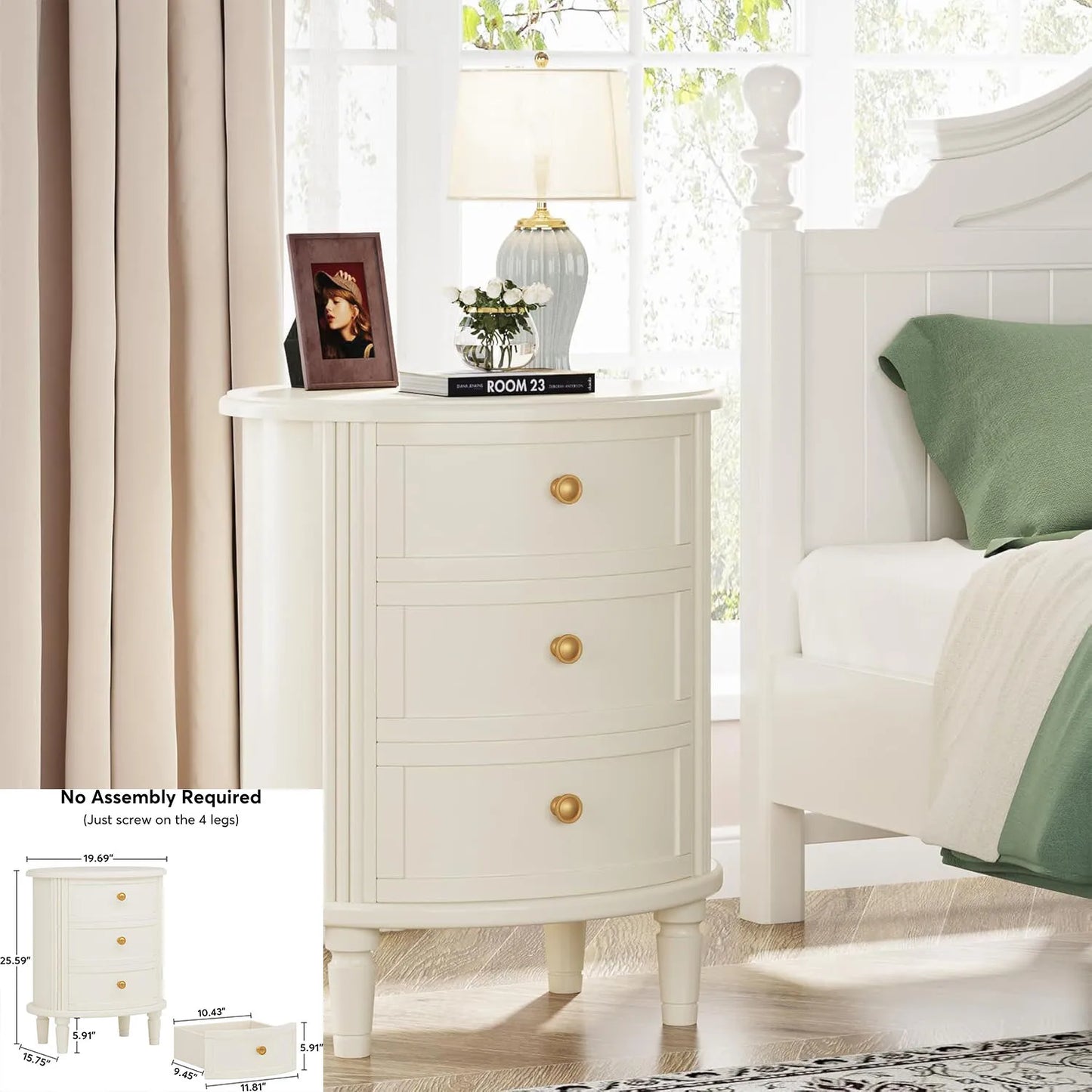 Nightstand with 2 Drawers, Modern Nightstand with Open Storage Shelf, White Bed Side Table for Bedroom, Living Room
