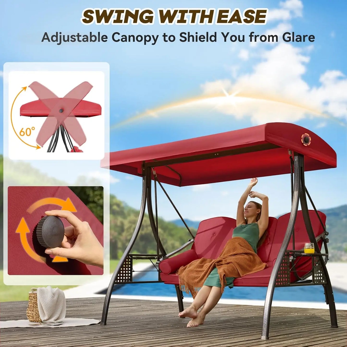 3-Seat Convertible Outdoor Swing with Adjustable Canopy Thickened Cushions Pillows Cup Holders for Patio Backyard Garden Custom