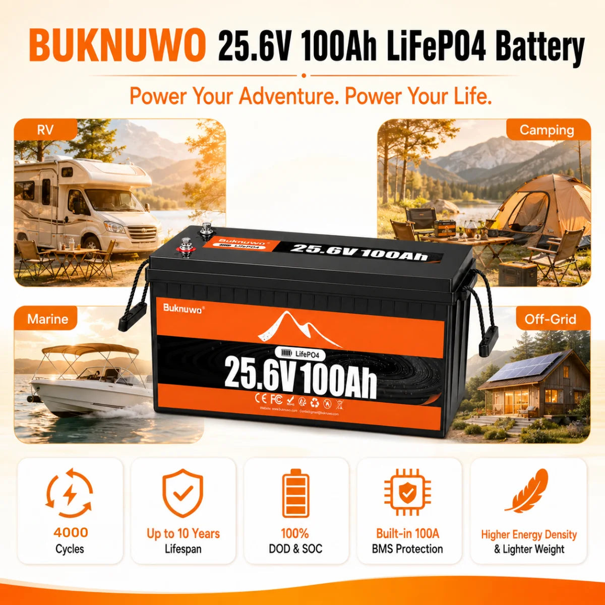 Buknuwo 24V 100Ah LiFePO4 Battery With Bluetooth And 100A BMS