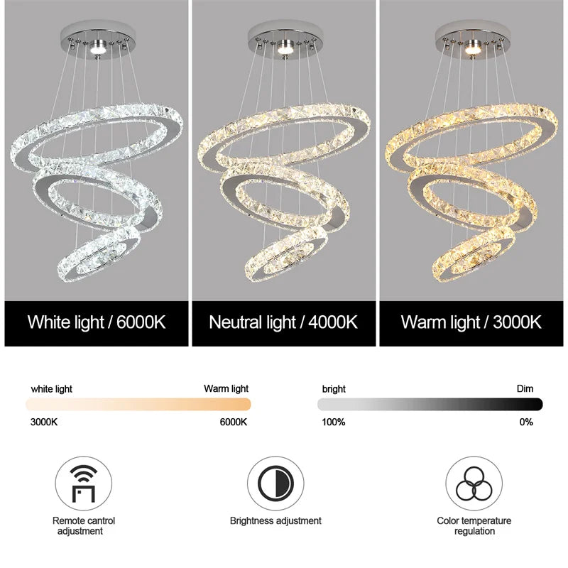 GreeLustr Modern Crystal Rings LED Chandelier With Remote Control