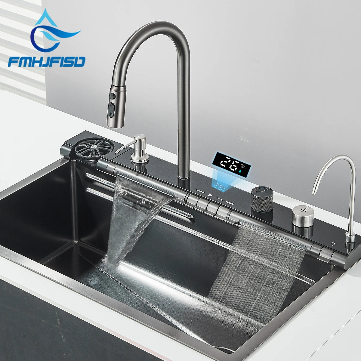 Stainless Steel Kitchen Waterfall Sink With Digital Faucet
