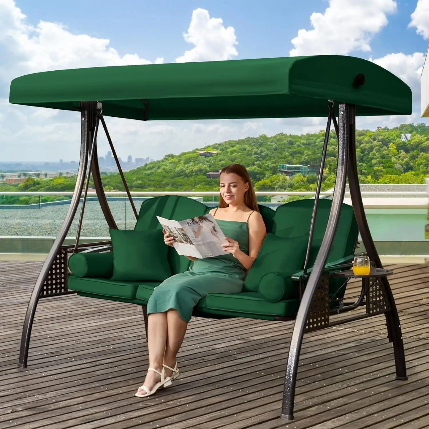 3-Seat Convertible Outdoor Swing with Adjustable Canopy Thickened Cushions Pillows Cup Holders for Patio Backyard Garden Custom