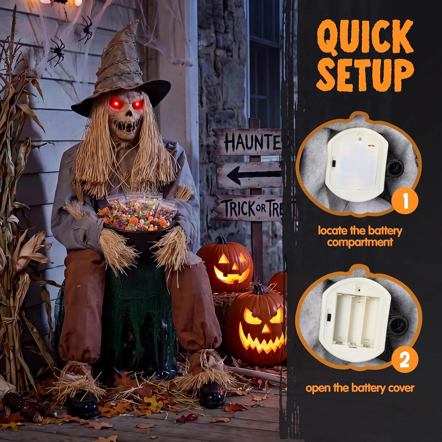 Joyfy Halloween Animatronic Sitting Scarecrow With Led Eyes Spooky Sounds